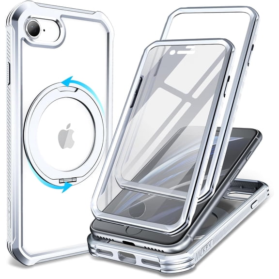 YTRFGH-for iPhone SE 2022/3rd/2020/2rd/8/7 Case,3in1/Compatible with MagSafe/with 2X Front Case Protection/Invisible Magnetic Ring Metal Stand/Shockproof Military-Grade Protection(V-Silver, iPhone SE