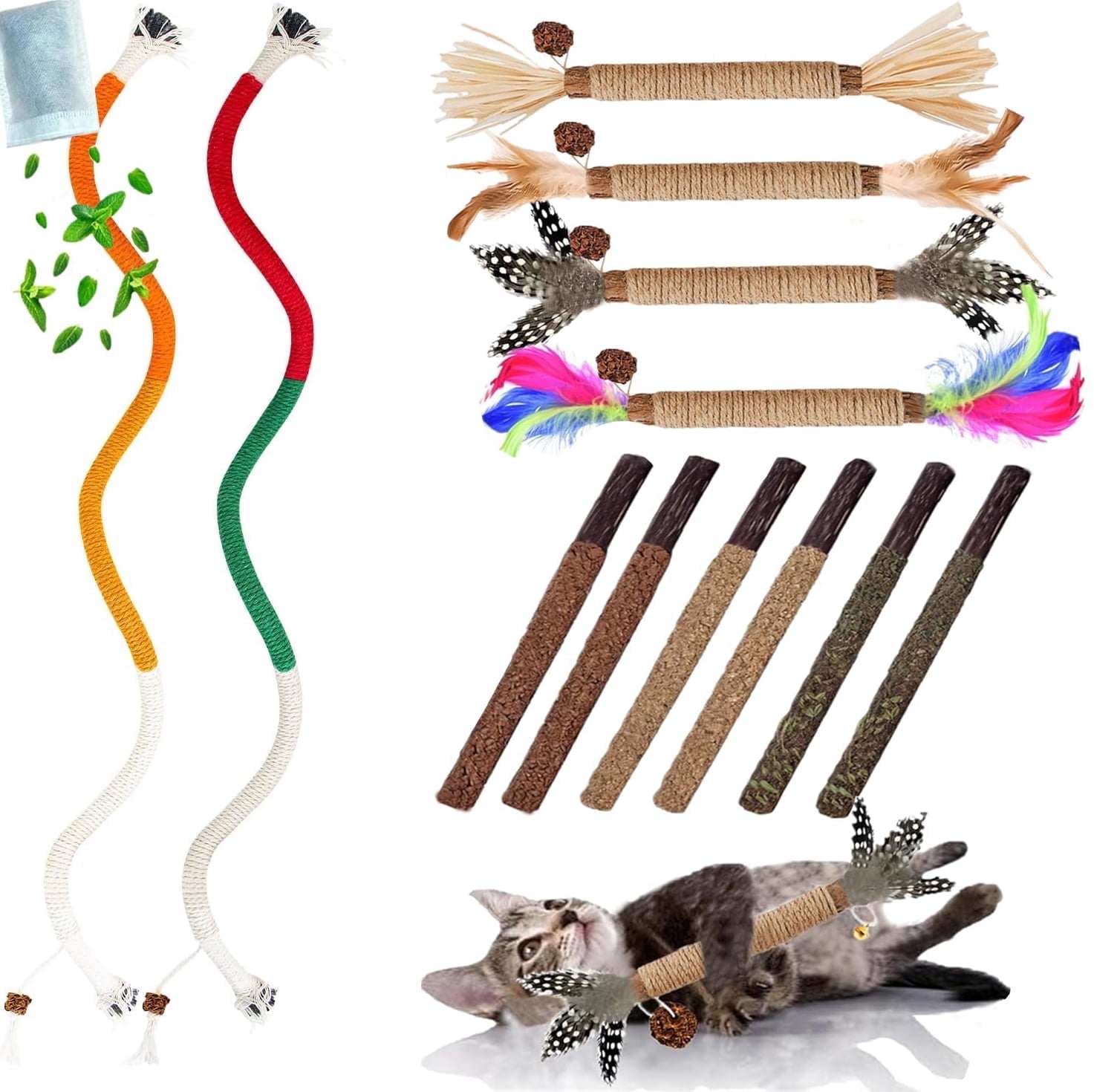 YTSKJ Cat Chew Toys 21PCS Cats Chew Stick for Cleaning Teeth Kitten Rope Silvervine Sticks for Interactive Catnip Toy for Dental Care Self Play