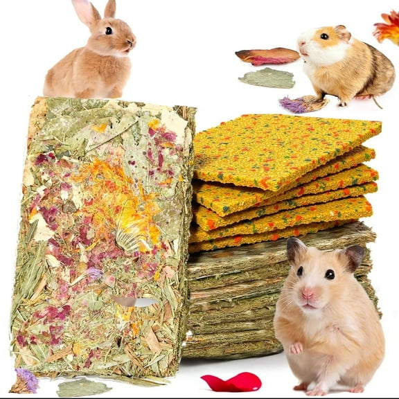 YTSKJ Rabbit Toys 20 Pack Bunny Toy Guinea Pig Chew Treat with Herbal Flowers for Teeth Grinding Timothy Hay Chips Hamster Crispy Snacks for Dental Care Compressed Molar Food for Small Animals (8+12)