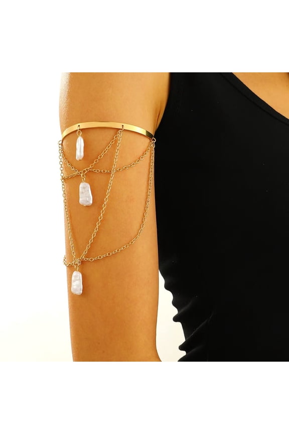 14K Gold Plated Layered Arm Cuff Chain, Dainty Upper Arm Bracelet, Boho Crystal/Star/Heart Charm Armlet, Adjustable Arm Chain Jewelry for Women, Prom, Party, Daily Wear