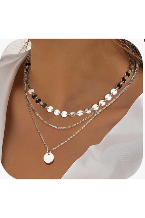 3 Layered Silver Disc Necklace for Women - Dainty Sequin Chain & Mini Disc Pendant Layered Choker | Minimalist Silver Plated Jewelry | Trendy Stackable Necklaces for Everyday Wear