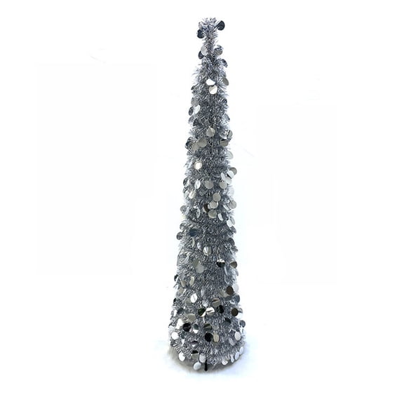 YTTAL 5 ft Collapsible Artificial Christmas Tree Pop Up Green and Silver Sequined Pop Up Tinsel Pencil Skinny Xmas Tree for Indoor Home Fireplace Decoration