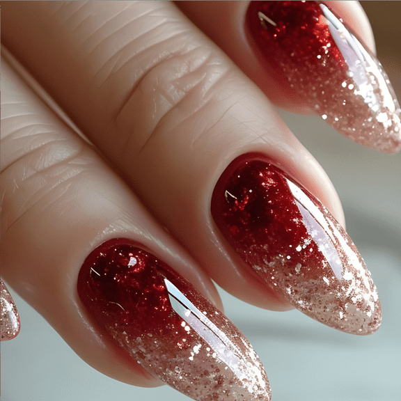 YTTAL Almond Press On Nails - 24Pcs Long Stiletto Fake Nails with Red Blue Nude Silver Line Design, Glossy Glue On Nails for Women, Includes Jelly Adhesive Tabs, Nail File & Buffer