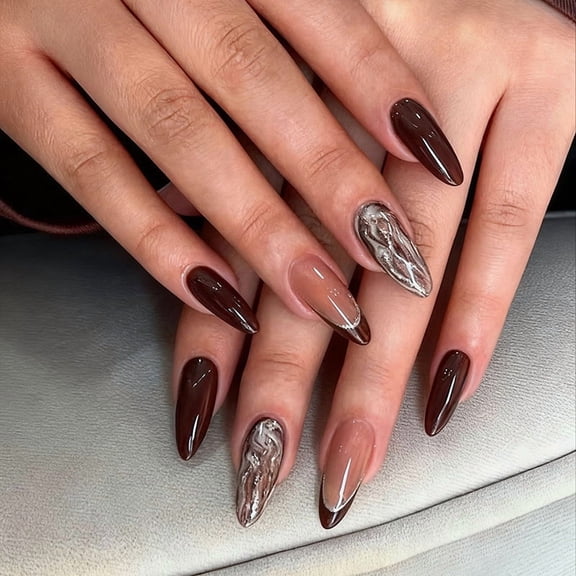 YTTAL Almond Press On Nails, Medium Length Burgundy Red Glitter Fake Nails with White Snowflake & Gold Line Design, Full Cover Acrylic False Nails for Women, Christmas New Year Nail Art, 24PCS