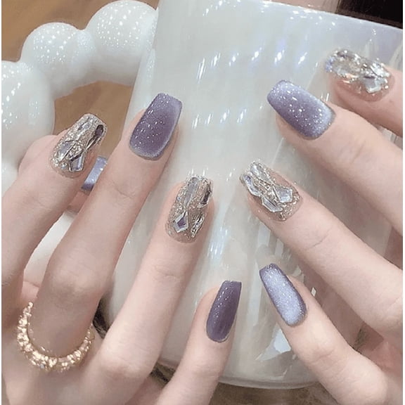 YTTAL Black & White French Press On Nails with Silver Line - 24PCS Fake Nails Kit - Buy 2 Get 1 Free