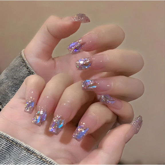 YTTAL (Buy 2 Get 1 Free) 24Pcs Long Coffin Press On Nails, Nude Blue Glitter French Tip Fake Nails with Rhinestones, Acrylic False Nails for Women, Reusable Nail Art Manicure Decorations