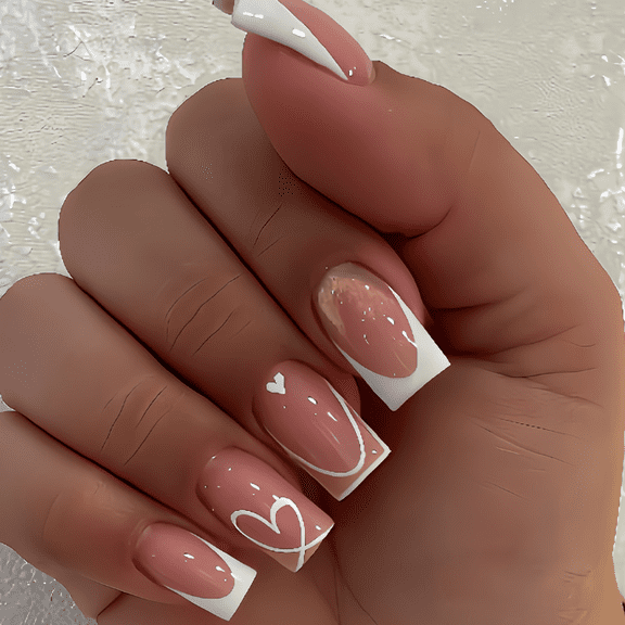 YTTAL (Buy 2 Get 1 Free)24Pcs Medium Square Press On Nails, Nude Brown French Tip Fake Nails, Pre-made Soft Gel False Nails for Women, Reusable Nail Art Manicure Decorations