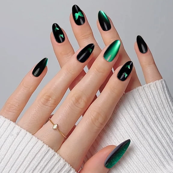 YTTAL Buy 2 Get 1 Free Buy 4 Get 2 Free Black Silver Gradient Cat Eye Press On Nails Long Almond Gothic Reusable Manicure Kit