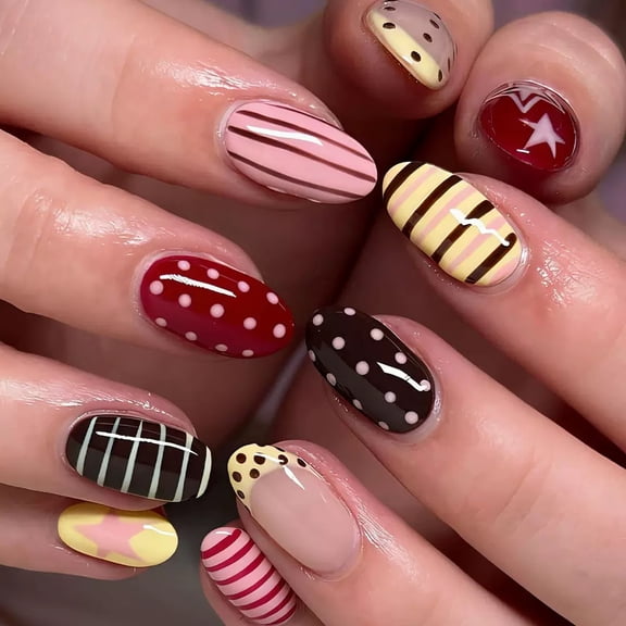 YTTAL (Buy 2 Get 1 Free, Buy 4 Get 2 Free) Oval Press On Nails, Red Light Blue Star Polka Dot French Fake Nails, 24PCS Reusable Acrylic Glue On Nails Summer Manicure Kit