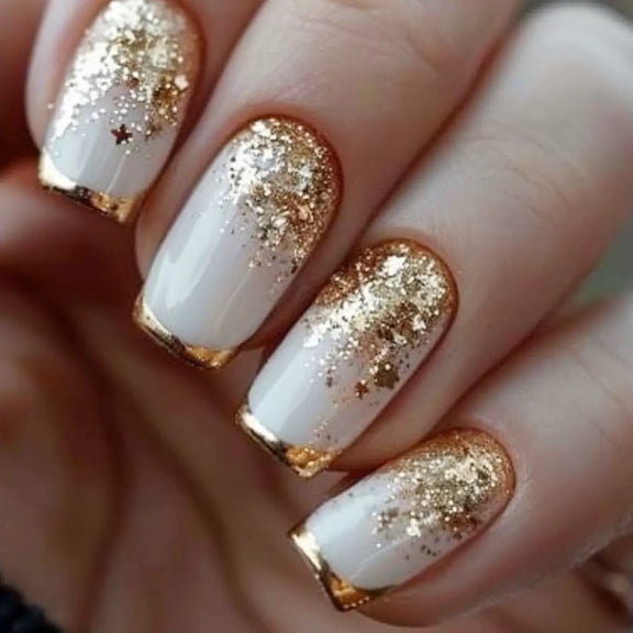 YTTAL Buy 2 Get 1 Free Chocolate Brown Press On Nails, Short Square Fake Nails with Gold French Tip Heart Design, Glossy Acrylic False Nails with Jelly Glue Nail File Buffer, No Liquid Glue Included