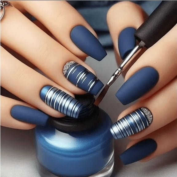 YTTAL Buy 2 Get 1 Free Matte Navy Blue Press On Nails, Medium Almond Fake Nails with Silver Stripe Rhinestone Design, Reusable Acrylic False Nails with Jelly Glue Nail File Buffer