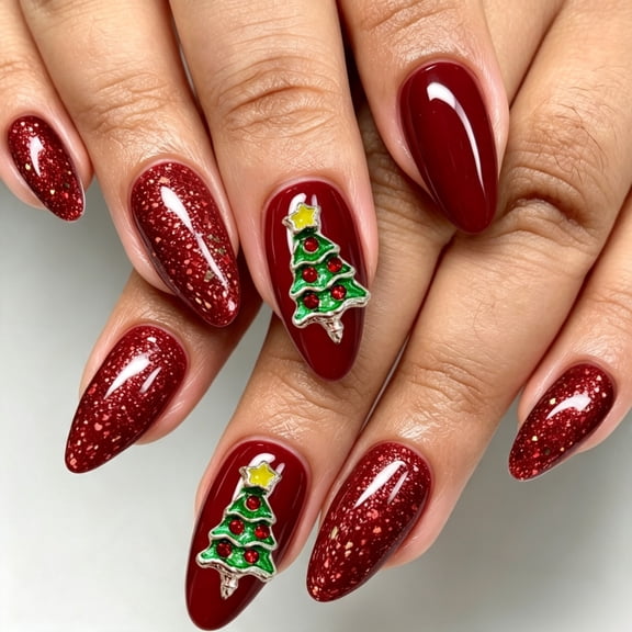 YTTAL Buy 2 Get 1 Free Medium Almond Christmas Press On Nails, Glossy Red Glitter 3D Christmas Tree Fake Nails, Winter Holiday Reusable GlueOn Nails for Women