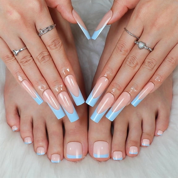 YTTAL (Buy 2 Get 1 Free)Pastel Blue French Tip Press On Nails - Long Square Coffin Fake Nails with Glossy Finish - 24Pcs Reusable Acrylic Nail Kit for Women & Girls - Perfect for Daily Wear & Special