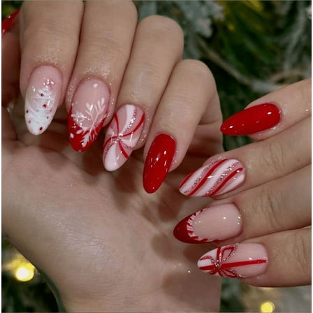 YTTAL Christmas Press On Nails Short Almond Green Fake Nails - False Nails with Designs White Snowflake Full Cover Matte Glue On Acrylic Nails for Women 24 Pcs