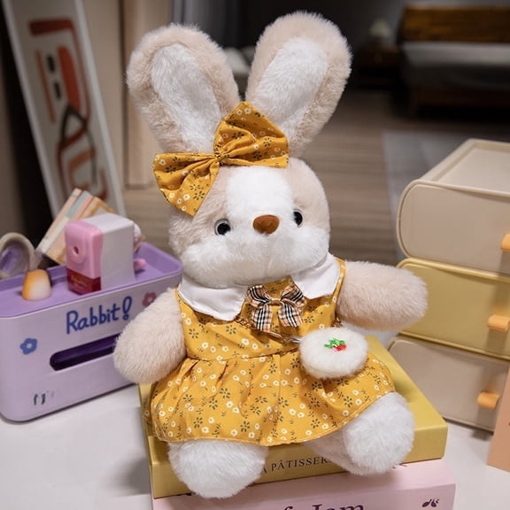 YTTAL Cozy Floral Bunny Stuffed Animal - 11.8 Inch Soft Plush Rabbit with Yellow Dress & Bow, Cute Easter Bunny