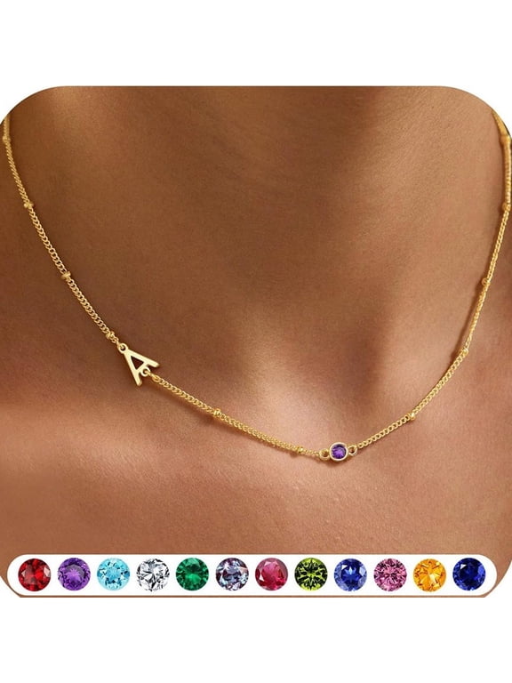 Dainty Sideways Initial Necklace with Birthstone, 14K Gold Plated Personalized Letter Choker for Women, Customized Minimalist Jewelry Gift