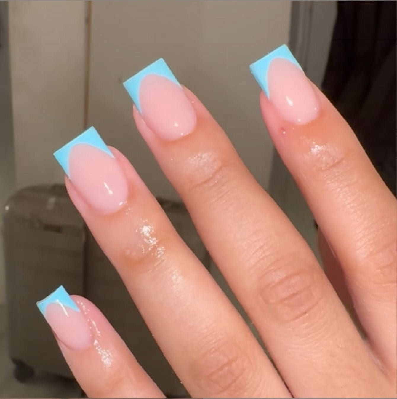 YTTAL French Short Square Press On Nails, Summer False Nails With Cute Flower Pink Design, Glossy Gel Finish Acrylic Nails, Thick Natural Reusable Nail Glue Set For Women, 24 Pieces