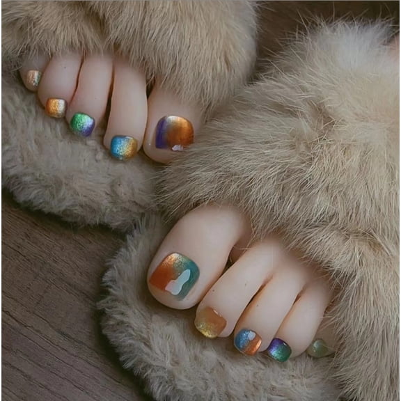 YTTAL French Tip Press On Toenails with Rhinestones - Buy 2 Get 1 Free, Glossy Nude Fake Toenails with Jelly Glue, Nail File & Cuticle Pusher, Reusable Square Toe Nails for Women