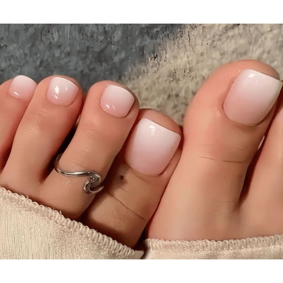 YTTAL French Tip Press On Toenails with Rhinestones - Buy 2 Get 1 Free, Glossy Nude Fake Toenails with Jelly Glue, Nail File & Cuticle Pusher, Reusable Square Toe Nails for Women