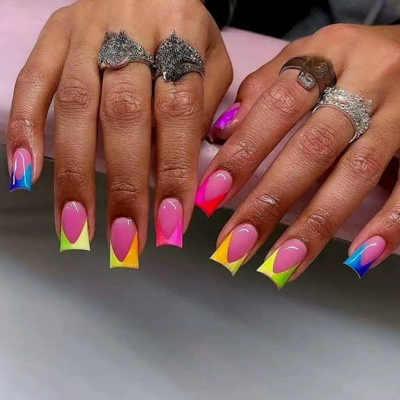 YTTAL French Tip Press on Nails Designs Short Square Fake Gloss False Spring Nails French Acrylic Nails Reusable Artificial Nails for Women 24PC