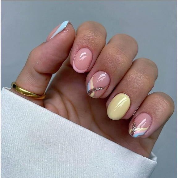 YTTAL French Tip Press on Nails Designs Short Square Fake Gloss False Spring Nails French Acrylic Nails Reusable Artificial Nails for Women 24PC