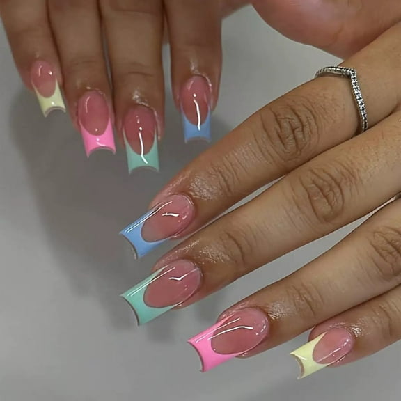 YTTAL French Tip Press on Nails Designs Short Square Fake Gloss False Spring Nails French Acrylic Nails Reusable Artificial Nails for Women 24PC