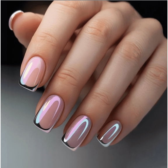 YTTAL French V Tip Press On Nails, Long Square Fake Nails, Buy 2 Get 1 Free, Reusable Black White False Nails Kit with Jelly Glue & Nail File