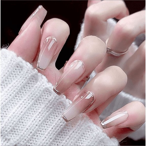 YTTAL French V Tip Press On Nails, Long Square Fake Nails, Buy 2 Get 1 Free, Reusable Black White False Nails Kit with Jelly Glue & Nail File