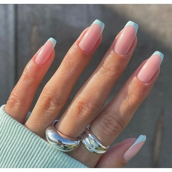 YTTAL French short square press on nails, summer false nails with cute flower pink design, glossy gel finish acrylic nails, thick natural reusable nail glue set for women, 24 pieces