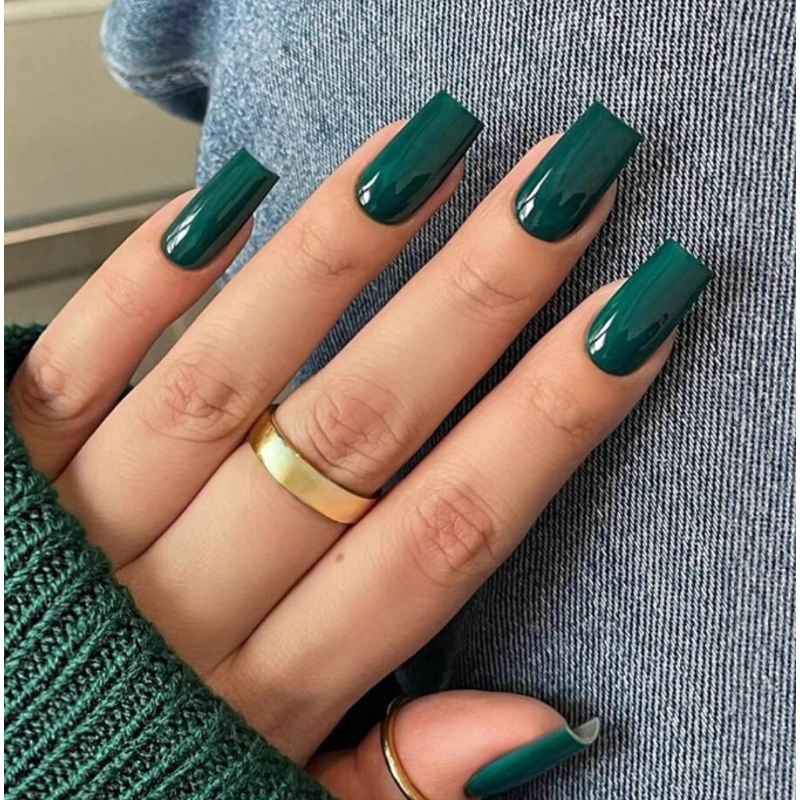 YTTAL Glossy Dark Green Press On Nails Medium Coffin - Buy 2 Get 1 Free, Solid Color Fake Nails with Jelly Glue, Nail File & Cuticle Pusher, Reusable for Women