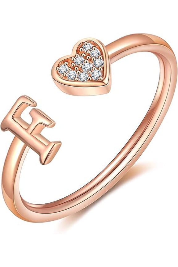 Heart Initial Ring for Women Silver Rose Gold Plated Heart Capital Letter Initial Ring Stackable Rings for Women Adjustable Alphabet Letter Rings Jewelry Gifts