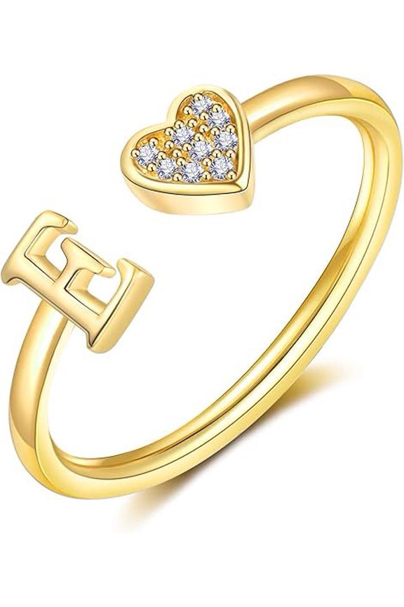 Heart Initial Ring for Women Silver Rose Gold Plated Heart Capital Letter Initial Ring Stackable Rings for Women Adjustable Alphabet Letter Rings Jewelry Gifts
