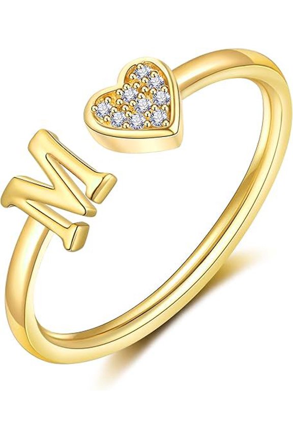 Heart Initial Ring for Women Silver Rose Gold Plated Heart Capital Letter Initial Ring Stackable Rings for Women Adjustable Alphabet Letter Rings Jewelry Gifts