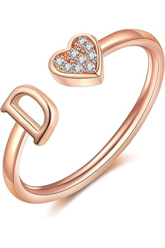 Heart Initial Ring for Women Silver Rose Gold Plated Heart Capital Letter Initial Ring Stackable Rings for Women Adjustable Alphabet Letter Rings Jewelry Gifts