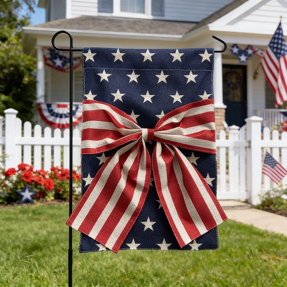 YTTAL Holiday Star Bow Flag Set Red White Blue Star Bow Flag, 12x18 Inch Holiday Hanging Flag for Porch Decor