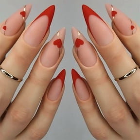 YTTAL Matte Red French Tip Almond Press On Nails - Medium Length Fake Nails with Red Heart & Gold Line Design, Reusable Acrylic Stick On Nails for Women, Valentine's Day Manicure 24Pcs
