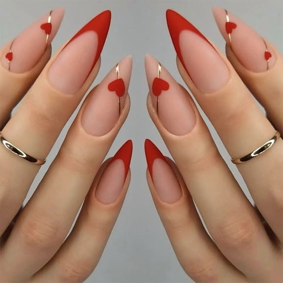 YTTAL Matte Red French Tip Almond Press On Nails - Medium Length Fake Nails with Red Heart & Gold Line Design, Reusable Acrylic Stick On Nails for Women, Valentine's Day Manicure 24Pcs