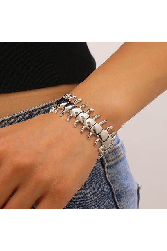 Men's Stainless Steel Centipede Bracelet, 3D Segmented Insect Link Cuff, Gothic Biker Punk Statement Jewelry, Edgy Gift for Him