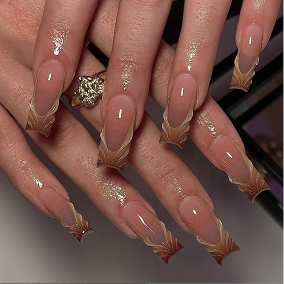 YTTAL Ombre French Tip Press on Nails Medium Ballerina Fake Nails Pink White Gradient Designs False Nails Full Cover Stick on Nails Acrylic Coffin Artificial Nails for Women 24Pcs