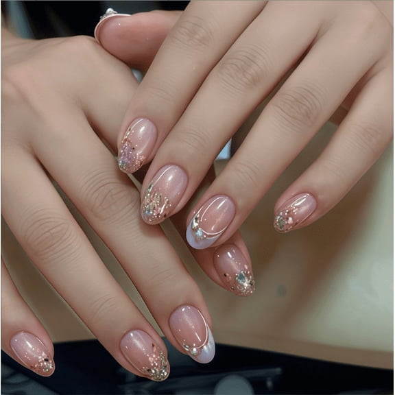 YTTAL Press On Nails Green Cat Eye, Short Oval Fake Nails, Buy 2 Get 1 Free, Reusable Glossy False Nails Kit with Jelly Glue & Nail File