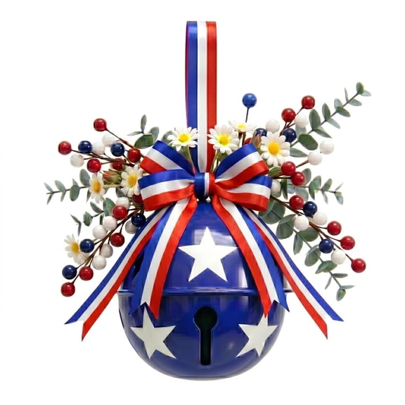 YTTAL Red White Blue Patriotic Bell Ornament, 18 Inch Large Hanging Door Wreath with Bow, Stars, Flowers & Berries, for Holiday Party Wall Decor