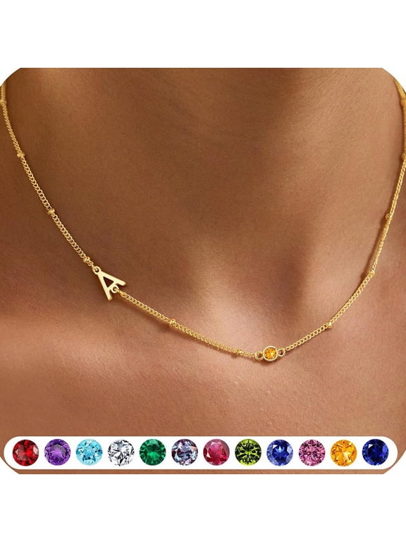 Sideways Initial Birthstone Necklaces for Women Gold Jewelry For Women 14K-Gold-Plated Dainty Initial Necklaces for Women Jewelry Easter Gifts