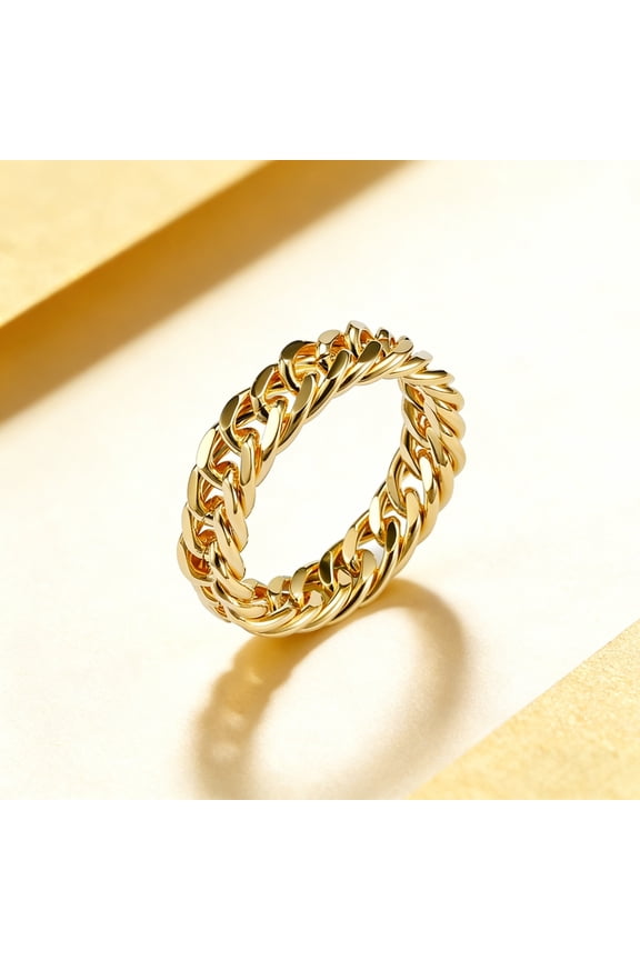 14K Gold Plated Cuban Link Ring for Men Women, Stainless Steel Heavyweight Chain Ring, Hip Hop Jewelry for Everyday Wear