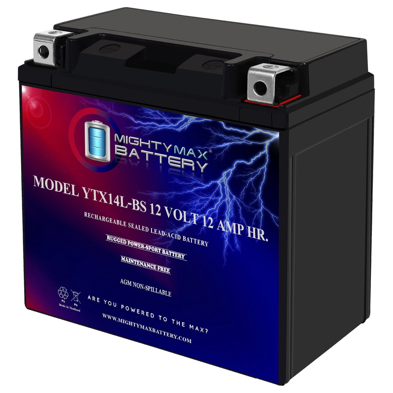 Mighty Max Battery, YTX14AH-BS, 12V 12AH, 210 CCA, Rechargeable