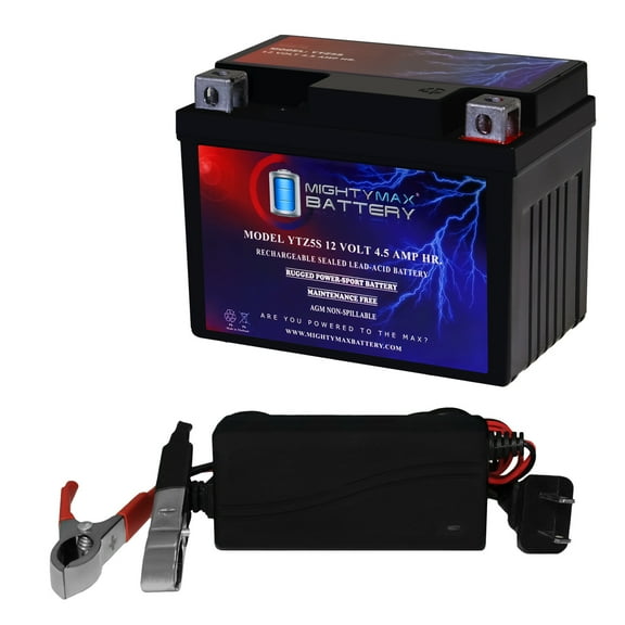 YTZ5S - 12 Volt 4.5 AH, 65 CCA, Rechargeable Maintenance Free SLA AGM Motorcycle Battery + 12V 1AMP Charger