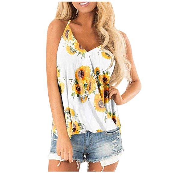 YTao Tank Tops for Women,Women's Adjustable Blouses V Neck Floral Print Summer S (Vinyl Record)