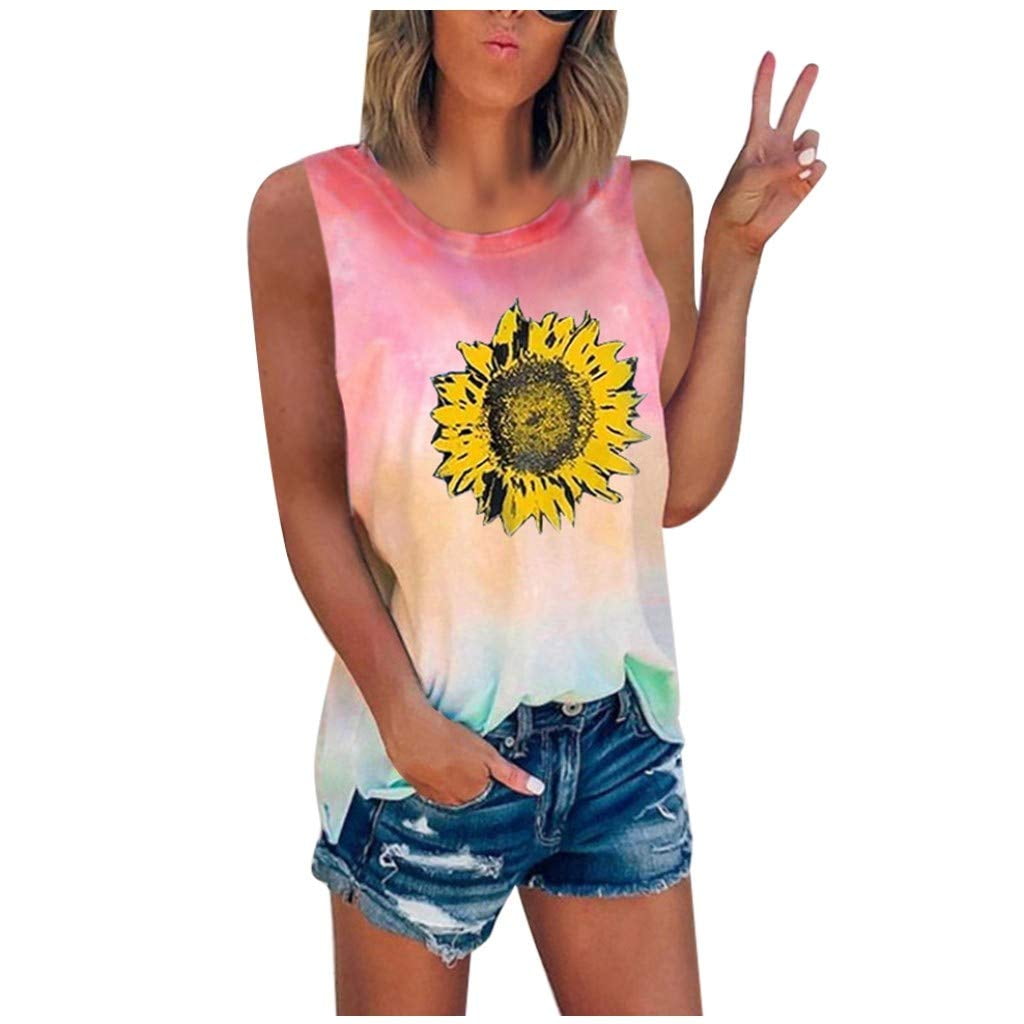 YTAO Tank Tops for Women,Women's Summer Sunflower Tie-Dye Sleeveless Crew-Neck T (Vinyl Record)