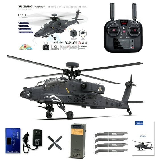 YU XIANG F11-S AH64 1/32 Scale RC Helicopter, 2.4G 6CH RTF GPS Smart Flybarless Military RC Helicopter with 6G/3D Stunt Mode, Dual-Axis Co-Drive & Optical Flow Positioning for Hobbyist