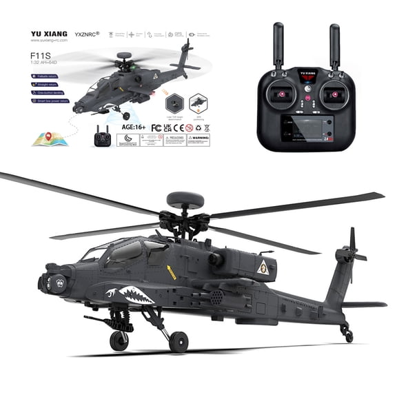 YU XIANG F11-S AH64 RC Helicopter, 1/32 Scale 2.4GHz 6CH Flybarless Dual-Axis Co-Drive Helicopter with GPS Positioning, One-Key Return, 6G/3D Flight Modes, Brushless Motor, RTF