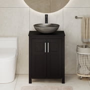YU YUSING 24 Inch Black Bathroom Vanity Set, 2-Door Cabinet With Round Tempered Glass Above Counter Vessel Sink Vanity Top Freestanding